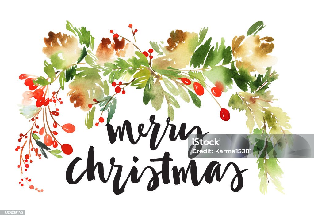 Christmas watercolor card with spruce and berries Christmas watercolor card with spruce and berries. Abstract stock illustration