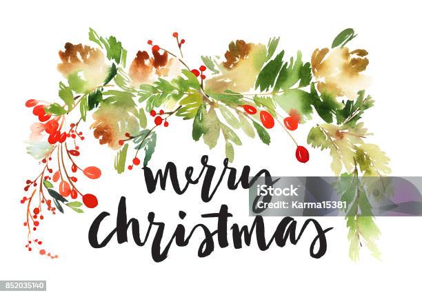 Christmas Watercolor Card With Spruce And Berries Stock Illustration - Download Image Now - Abstract, Art, Berry