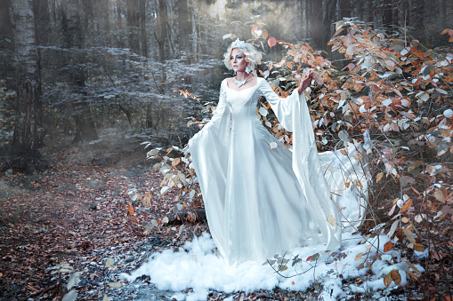 Fairytale Snow Queen portrait bringing winter in autumn forest.