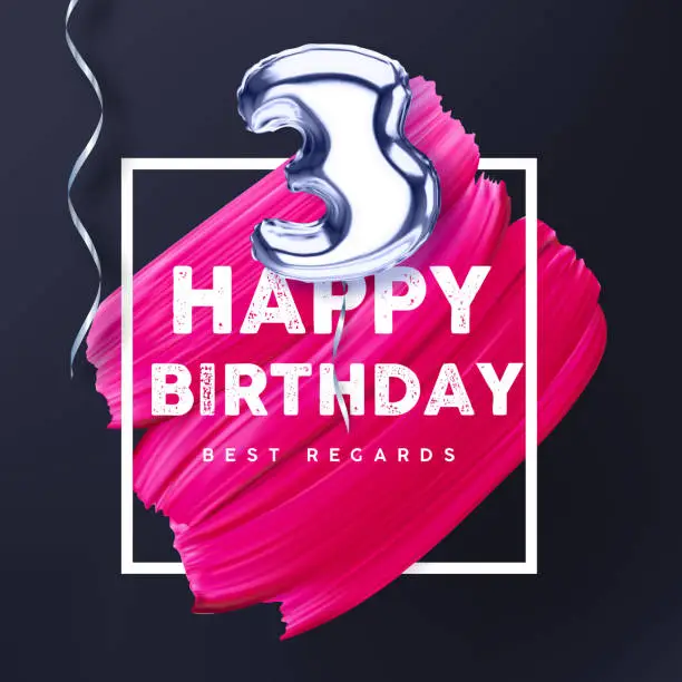 Vector illustration of Happy Birthday Three year pink lipstick mark on black background.