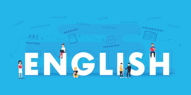 ilustrações, clipart, desenhos animados e ícones de palavra inglesa para a educação com design plano de ícones. vector wordcloud tipográfico poliglota com palavras de mutiple - língua inglesa