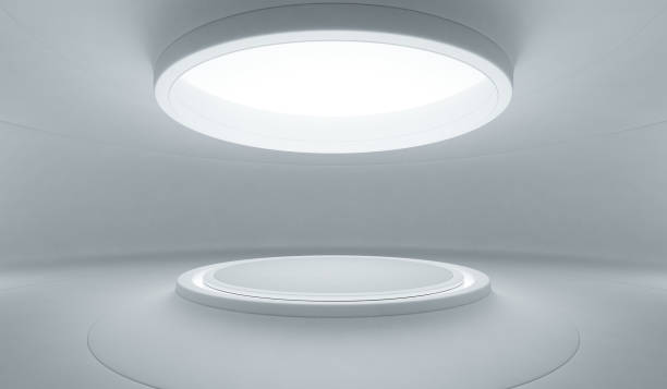 istock Abstract interior design of modern showroom with empty white floor and curved concrete wall background, Podium for product display in future architecture or spaceship 852044842