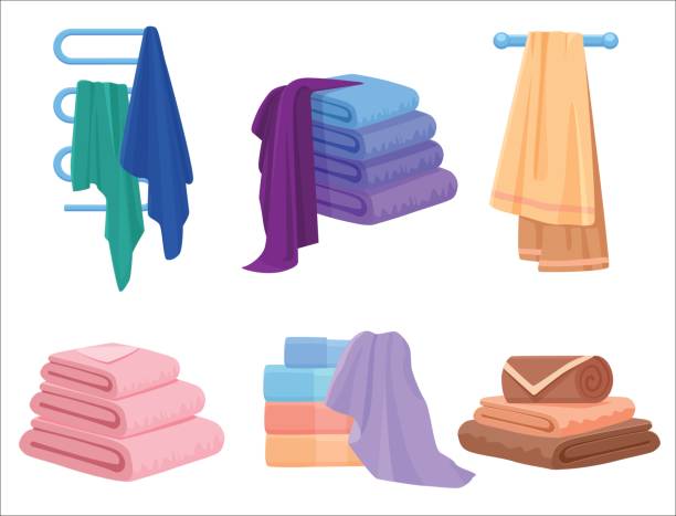 ilustrações, clipart, desenhos animados e ícones de conjunto de toalhas de vetor. toalha de pano para o banho. desenhos animados de ilustração vetorial. - towel