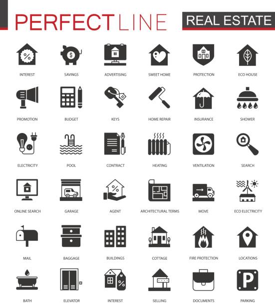 illustrazioni stock, clip art, cartoni animati e icone di tendenza di icone immobiliari classiche nere impostate per il web. - real estate vertical usa the americas