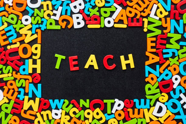 istock Overhead view of teach text amidst colorful alphabets on blackboard 852059632