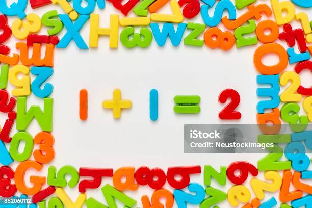 Overhead View Of One Plus 1 Equals Two On White Stock Photo - Download Image Now - Letter Magnet, Plus Sign, Abundance