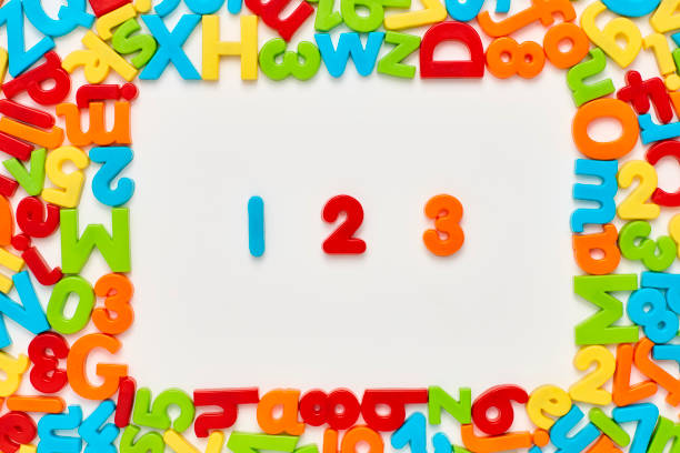 Overhead view of 123 amidst plastic toys on white background Overhead view of 123 surrounded with colorful alphabets and numbers on white background. Flat lay of multi colored plastic toys arranged in frame. Image is representing mathematical learning. number magnet stock pictures, royalty-free photos & images