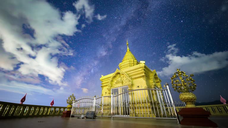 Wat doi sapphanyu Temple at night with milky way  in Chiang mai Thailand