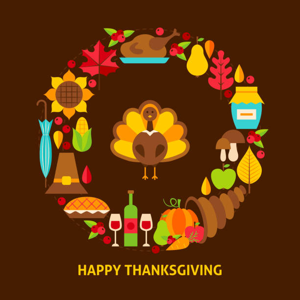 ilustrações de stock, clip art, desenhos animados e ícones de happy thanksgiving postcard - cornucopia november pumpkin leaf