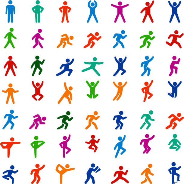 People in motion Active Lifestyle Vector Icon Set People in motion Active Lifestyle Vector Icon Set. This black and white icon set featured 49 icons of stick figure people in various positions. They are ideal to illustrate active and healthy lifestyle. Each icon is designed to be used on it's own or as part of this set. jumping jacks stock illustrations