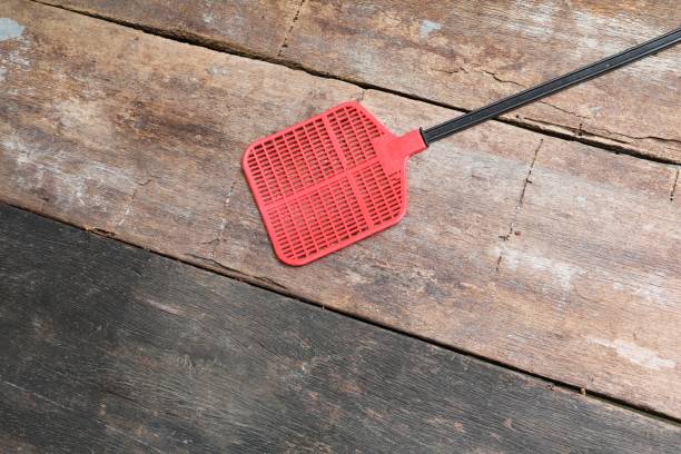 Red fly swatter. Single flyswatter made of plastic and unfailing in catching flies on Wooden floor background Red fly swatter. Single flyswatter made of plastic and unfailing in catching flies on Wooden floor background horse fly photos stock pictures, royalty-free photos & images