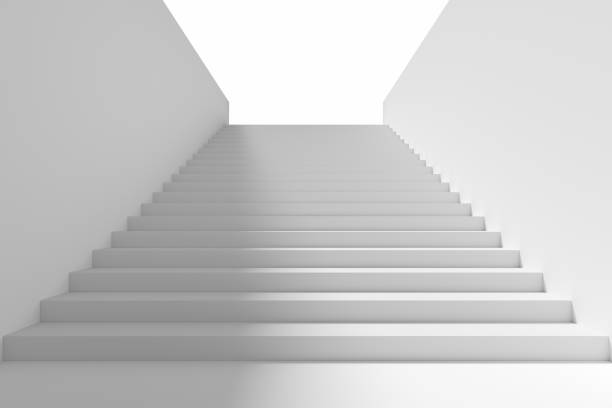 Long staircase with white stairs and walls and shadow on left in underground passage going upward, 3d illustration.
