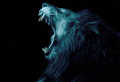 Digital fantasy art of a lion on dark background