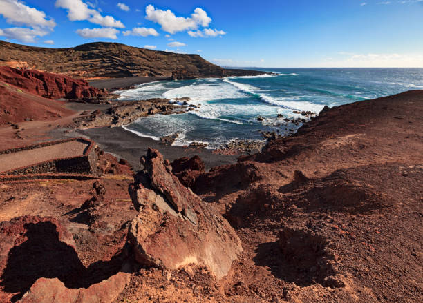 Panorama of famous volcanic beach El Golfo, Lanzarote, Canary Islands, Spain