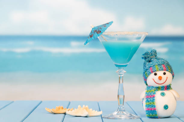 cocktail with umbrella, snowman and starfish on the background of sea. - christmas beach sun tropical climate imagens e fotografias de stock