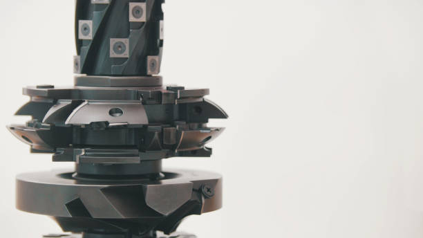 istock Rotated milling cutter - industrial milling machine cutting metal - copy space 852094080