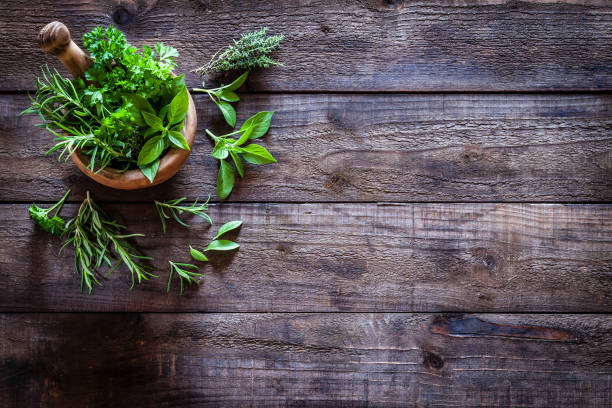 Mortar and pastle with fresh herbs for cooking on rustic wooden table