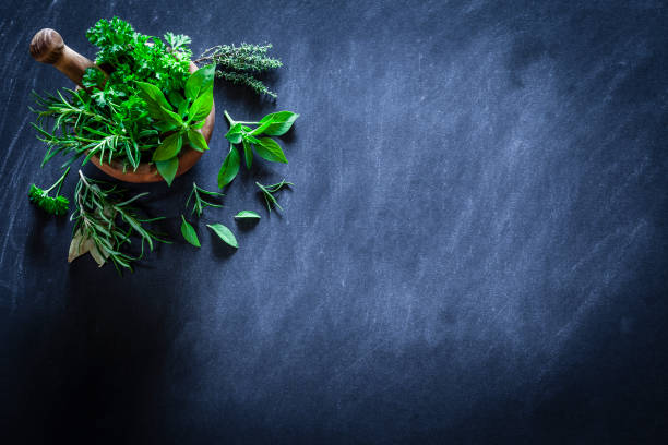 istock Mortar and pastle with fresh herbs for cooking on dark kitchen table 852099208