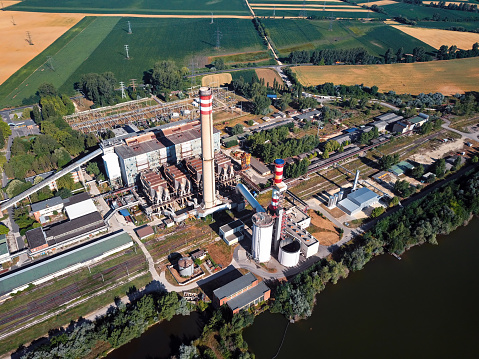 Flying above of coal power plant near Bokod, Hungary
