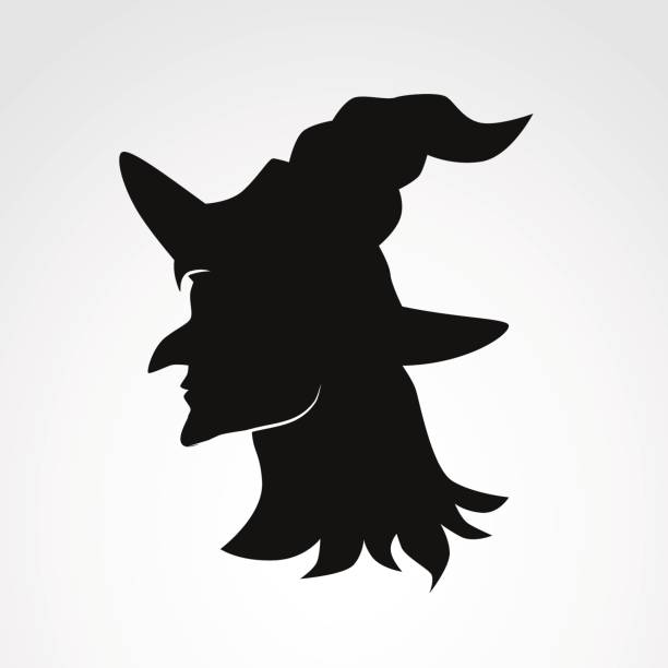 Witch icon isolated on white background. Vector art: witch face silhouette. black cat costume stock illustrations