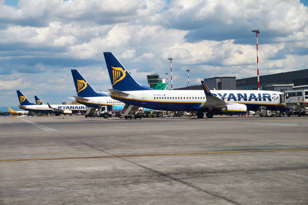 Ryanair airplanes at Bergamo airport stock photo