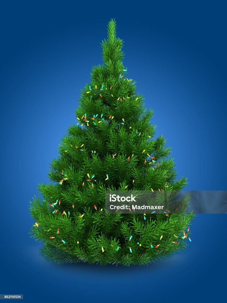 3d green Christmas tree 3d illustration of green Christmas tree over blue background with lights Blue Stock Photo