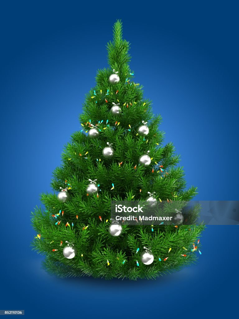 3d green Christmas tree 3d illustration of green Christmas tree over blue background with lights and chrome balls Blue Stock Photo