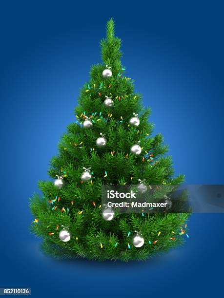 3d Green Christmas Tree Stock Photo - Download Image Now - Blue, Blue Background, Calendar Date