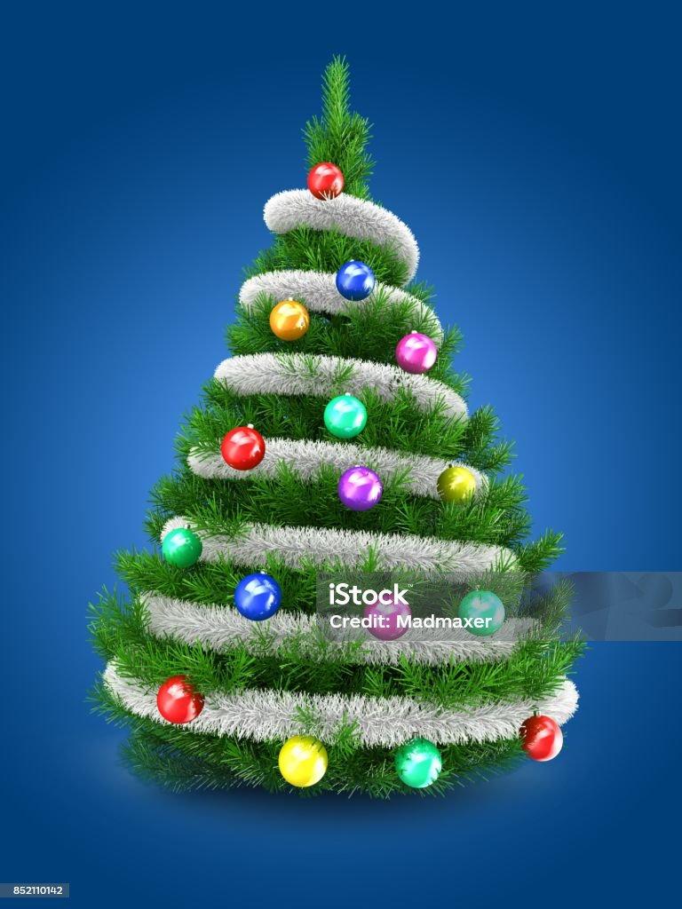 3d green Christmas tree 3d illustration of green Christmas tree over blue background with tinslel and colorful balls Blue Stock Photo
