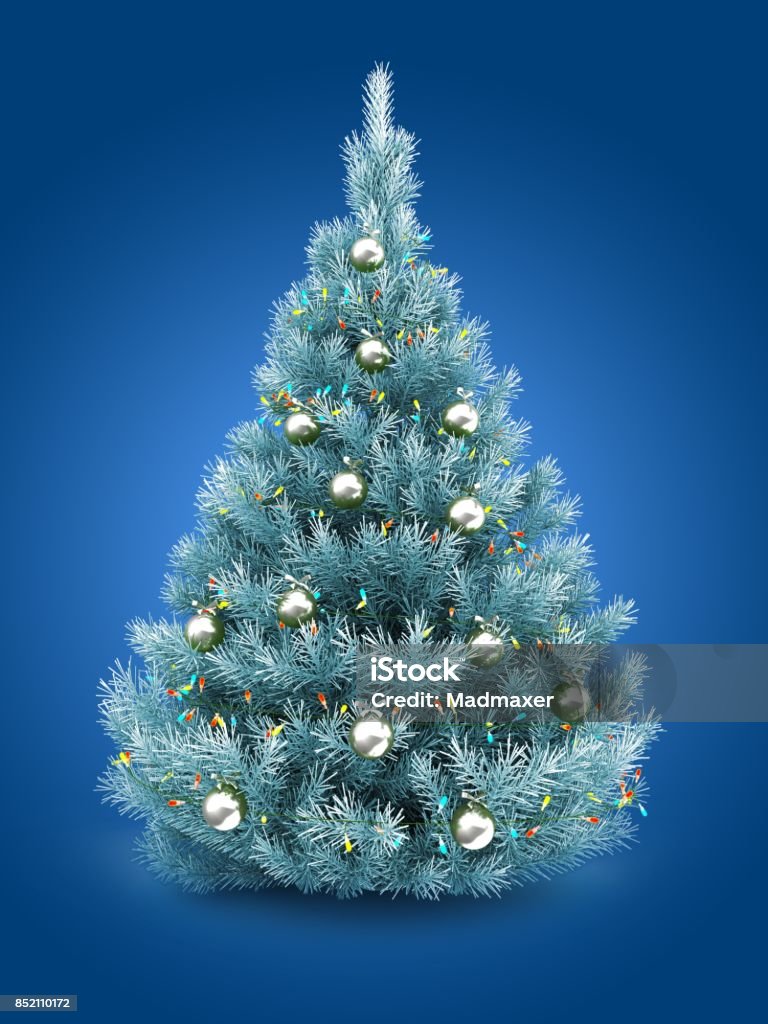 3d blue Christmas tree 3d illustration of blue Christmas tree over blue background with lights and chrome balls Blue Stock Photo