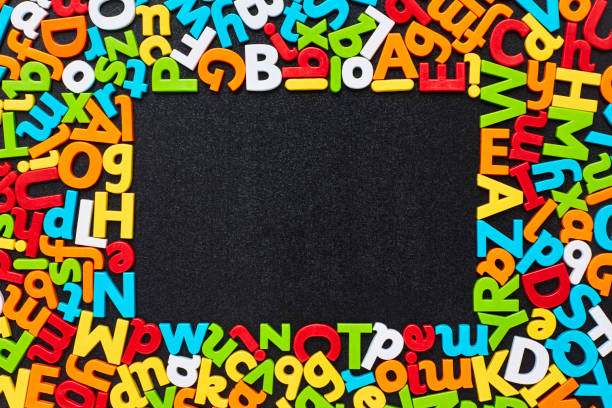istock Overhead view of colorful alphabets in frame on blackboard 852119128