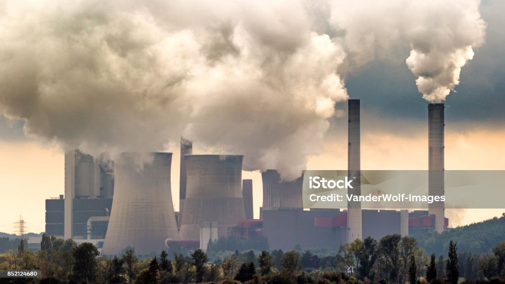 Air pollution Brown coal power plant emission. Power Station Stock Photo