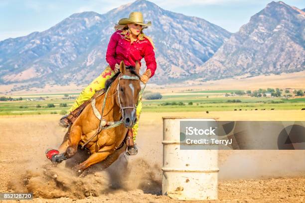 Junge Frau Leitet Ihr Pferd Um Ein Fass Barrel Racing Contest Stockfoto und mehr Bilder von Tonnenrennen