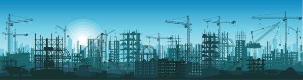 ilustrações, clipart, desenhos animados e ícones de silhueta de ilustração larga alta bandeira detalhada dos edifícios em construção no processo. - silhouette crane construction construction site