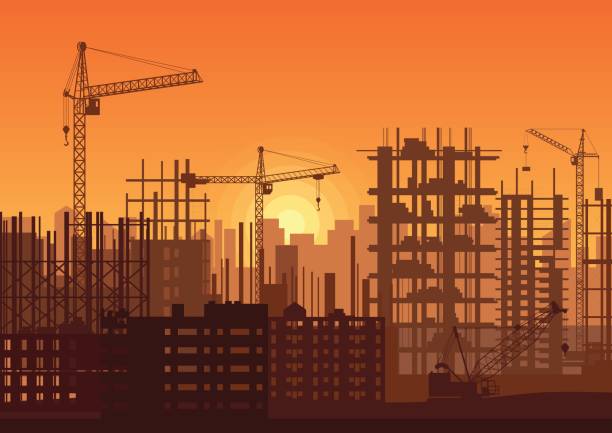 turmdrehkrane auf baustelle im sonnenuntergang. gebäude im bau im sonnenaufgang. city skyline silhouette vektor-illustration. - silhouette crane construction construction site stock-grafiken, -clipart, -cartoons und -symbole