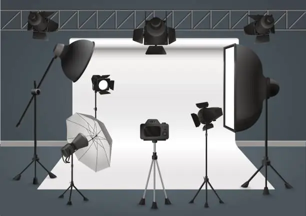 Vector illustration of Photo studio with camera, lighting equipment flash spotlight, softbox and background. Vector illustration.