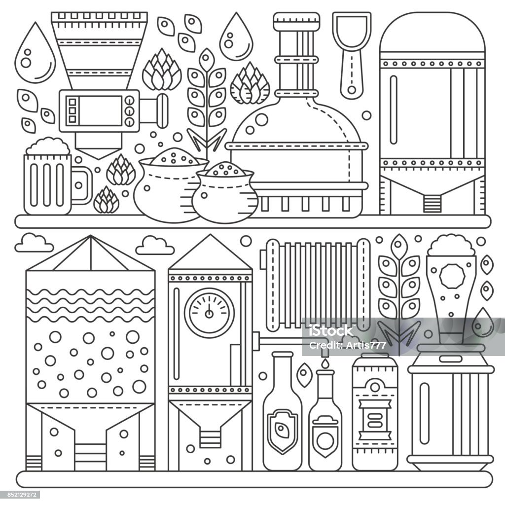 Beer Brewery production process. Line factory beer background. Outline stroke linear style vector illustration banner. Beer Brewery production process. Line factory beer background. Outline stroke linear style vector illustration banner Brewery stock vector