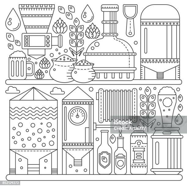 Beer Brewery Production Process Line Factory Beer Background Outline Stroke Linear Style Vector Illustration Banner Stock Illustration - Download Image Now