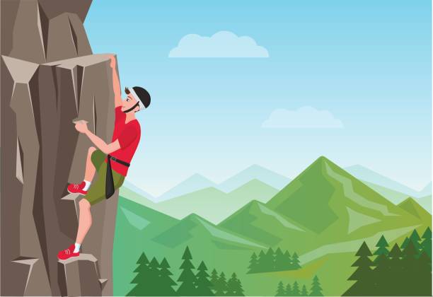 rock climbing mann. mann auf dem felsen. extreme outdoor-sportarten. vektor-illustration. - silhouette landscape cliff mountain stock-grafiken, -clipart, -cartoons und -symbole