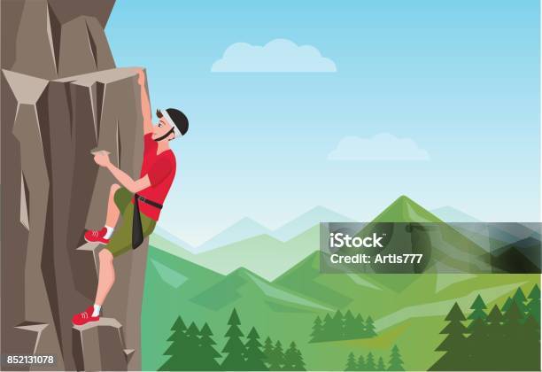 Rock Climbing Man Male On The Rock Extreme Outdoor Sports Vector Illustration Stock Illustration - Download Image Now