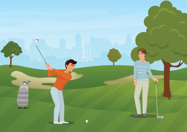 gruppe golfer freunde zeichen auf grünem hintergrund. vektor-illustration. - golf golf club golf swing tee stock-grafiken, -clipart, -cartoons und -symbole