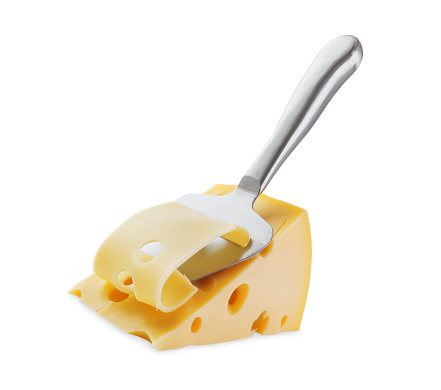 Piece of Cheese with holes and cheese knife slicer isolated on white background
