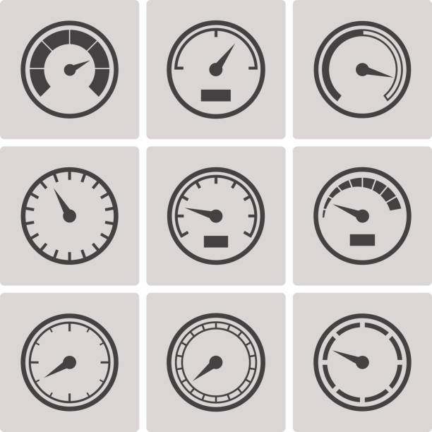 Meter icons flat style set Meter icons set. Speedometer dispaly, power interface, gauge with arrow to measure speed of a vehicle, gas or oil. Vector flat style illustration, gray and black pressure gauge stock illustrations