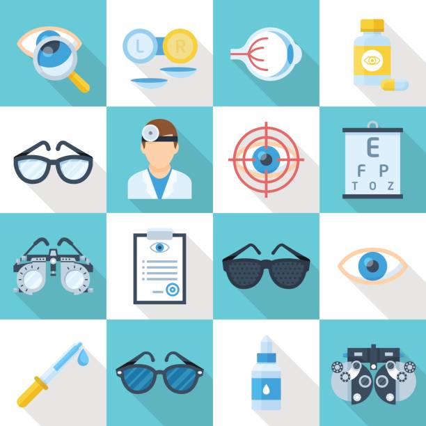 Oculist cartoon icon flat set Oculist and and ophthalmologist icon set. Shop sign, professional medical care and equipment. Vector flat style cartoon illustration isolated on white and blue background eye doctor and patient stock illustrations
