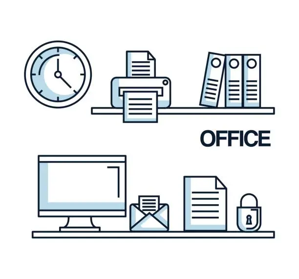 Vector illustration of office computer mail paper security clock printer folder supplies