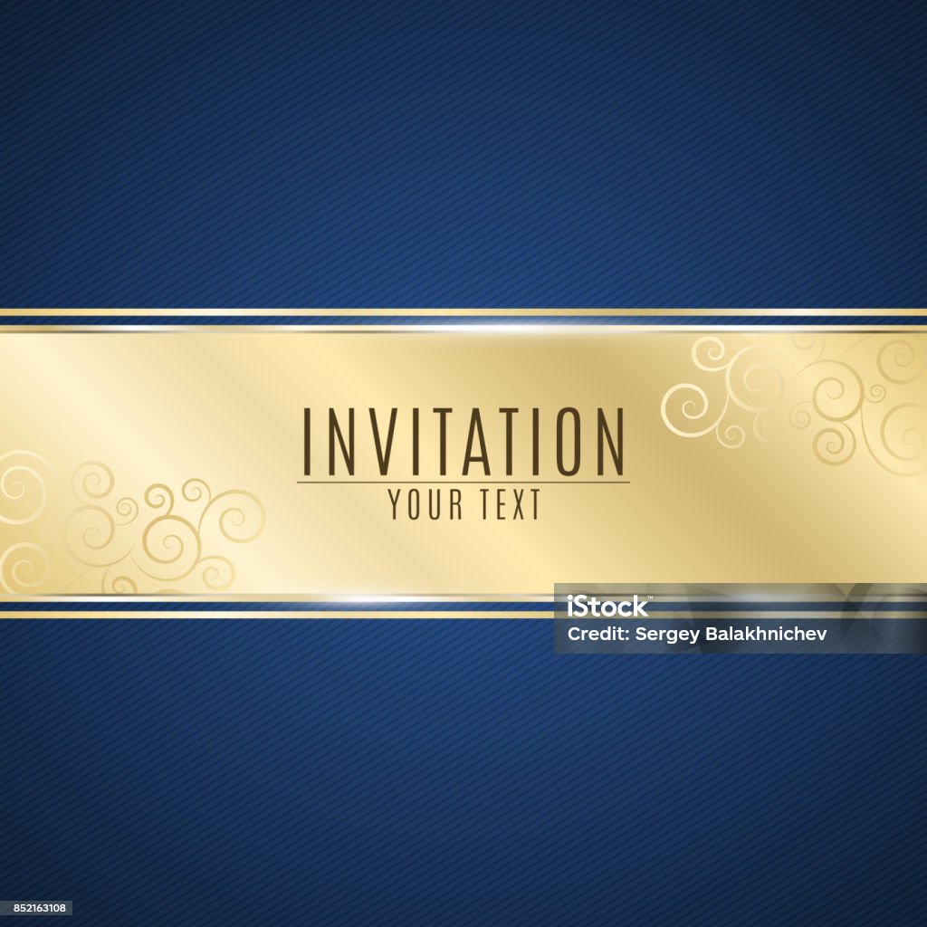 Luxurious invitation. Golden ribbon banner on a blue background with a pattern of oblique lines. Realistic gold strip with an inscription. Gold lace. VIP invitation. Vector illustration Luxurious invitation. Golden ribbon banner on a blue background with a pattern of oblique lines. Realistic gold strip with an inscription. Gold lace. VIP invitation. Vector Invitation stock vector