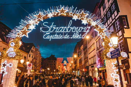 Entrance gate to the start of main shopping street and city centre of Strasbourg on Christmas time in Strasbourg - Alsace, France