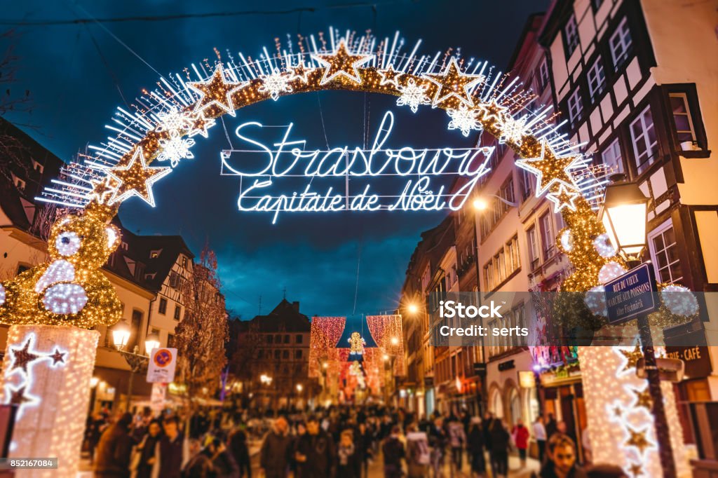 Entrance to The Capitale de Noel on Christmas time in Strasbourg, France Entrance gate to the start of main shopping street and city centre of Strasbourg on Christmas time in Strasbourg - Alsace, France Strasbourg Stock Photo