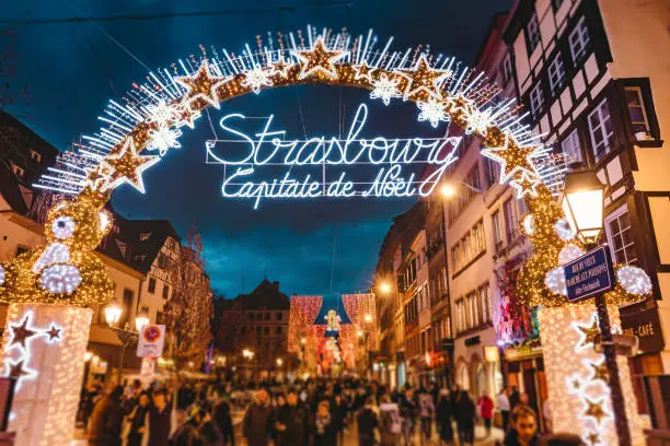 Entrance gate to the start of main shopping street and city centre of Strasbourg on Christmas time in Strasbourg - Alsace, France