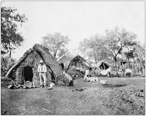 Antique photograph of World's famous sites: Straw cottages, Salamanca, Mexico